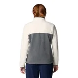 Buzo polar Columbia para mujer, color azul marino, con cuello alto abotonado y logo bordado en el pecho.