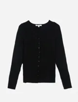 Cardigan gris de corte clásico con botones al frente y tejido acanalado.