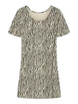 Vestido corto de sarga con cuello redondo y mangas cortas, estampado de cebra en tonos beige y negro.