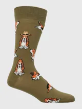 Calcetines de largo medio color verde oliva con estampado de perros Basset Hound en diversas poses, incluyendo uno con sombrero de vaquero.