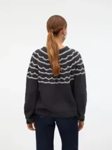 Sweater gris oscuro de punto con cuello redondo y manga larga. Presenta un patrón de ondas horizontales blancas en la parte superior.