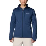 Campera polar Columbia Park View Fleece, color azul jaspeado, con cierre frontal completo, cuello alto, bolsillos laterales con cierre y bolsillo en el pecho con cierre vertical en color verde lima. Cuenta con tecnología Omni-Wick, puños elásticos con orificios para pulgares y protector de barbilla.