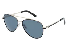 Lentes de sol polarizados con marco dorado y negro, diseño estilo aviador.