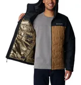 Campera Columbia Grand Trek II Down para hombre, con capucha y cierre frontal. Diseño color block en negro y marrón.