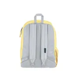 Mochila Jansport color amarillo con logo de la marca en el frente, bolsillo frontal con cierre y bolsillo lateral de malla.
