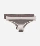 Pack de dos bombachas tipo bikini sin costura, una lisa color gris topo y otra con rayas horizontales en blanco y negro. Ambas tienen elástico en la cintura con la marca 'Lov' visible.