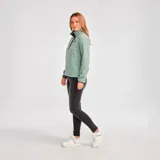 Buzo polar verde agua para mujer, con cierre de tres botones en el cuello y logo de CAT en el pecho.