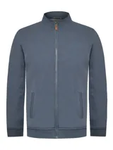 Campera azul de algodón orgánico con cierre frontal, cuello alto, bolsillos laterales y terminaciones en rib.