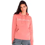 Buzo con capucha color salmón, con logo de Caterpillar estampado en blanco en el pecho y bolsillo tipo canguro.