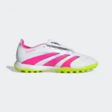 Championes de fútbol Adidas Predator League para pasto sintético, color blanco con franjas laterales en rosa vibrante y detalles en amarillo neón. Presentan una lengüeta plegable y suela con tapones cortos de caucho.