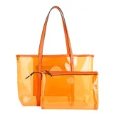 Bolso tote transparente de PVC color naranja con detalles en cuero sintético color naranja. Incluye un monedero interno desmontable con cierre.