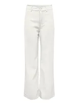 Pantalón wide leg color blanco, de tiro extra alto con cierre de botones. Confeccionado en mezcla de lino y viscosa ligera.