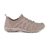 Zapatillas casuales Skechers Relaxed Fit Arch Fit Comfy Paradise Found, color beige, con cordones elásticos, capellada de tela texturizada y material sintético, plantilla Arch Fit acolchada removible y suela de goma flexible.
