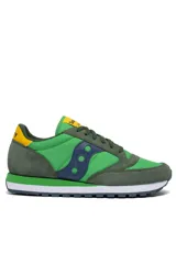 Zapatillas Saucony verde claro con detalles en verde oscuro, azul y amarillo.