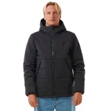 Campera negra acolchada con capucha, cierre frontal con cremallera, bolsillos laterales con cierre y logo de la marca en el pecho.