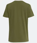 Blusa básica de algodón color tostado, de manga corta con dobladillo y nudo frontal.