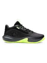 Zapatillas de baloncesto Under Armour Lockdown 7, unisex, color negro con detalles en verde neón. Presentan el logo de Under Armour en el lateral y la inscripción LD7 en la lengüeta.