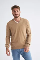 Sweater de algodón con cashmere color azul marino, de fit regular, escote en "V" y puños acanalados.