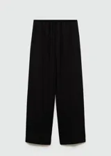 Pantalón largo negro de lino y viscosa, de corte recto y cintura elástica con lazo.