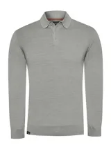 Sweater gris de lana merino con cuello camisero y abotonado frontal.