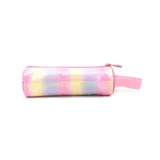 Cartuchera cilíndrica con cierre superior y asa lateral, cubierta de lentejuelas con diseño degradado en tonos pastel: rosa, lila, amarillo y celeste.
