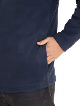 Campera polar azul marino con cierre frontal, cuello alto y logo de Cat bordado en el pecho.