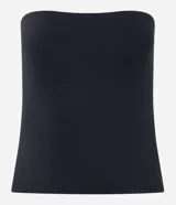 Blusa roja ajustada sin breteles, confeccionada en poliamida y elastano.