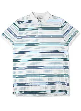 Polo a rayas horizontales blancas, azules y verdes, de manga corta y corte regular.