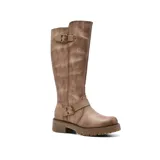 Bota bucanera negra de cuero sintético, con caña alta, hebillas decorativas y suela track.