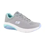 Championes Skechers Skech-Air Extreme 2.0 Classic Vibe, color gris con detalles en celeste y blanco. Capellada de malla tejida, plantilla Air Cooled Memory Foam y media suela con cámara de aire Skech-Air visible.