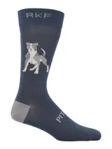 Calcetines azul marino con diseño de perro pitbull gris y blanco. Incluyen texto 'PIT' en la puntera y letras 'RKF' en la parte superior.