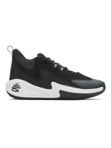 Championes de básquet Under Armour Curry 3Z 25 SDE, color negro con detalles en blanco. Confeccionados con revestimientos de cuero y cordones de malla con cierre seguro.