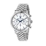 Reloj Maserati Epoca con caja de acero inoxidable plateado de 42mm, esfera blanca con detalles en azul y correa de acero inoxidable.