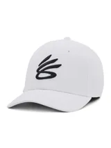 Gorra blanca con logo de Stephen Curry bordado en negro en el frente.