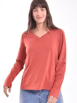 Remera de manga larga color ladrillo, con escote en V.