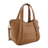 Bolso de mano tipo tote bag negro, con textura de cuero sintético, asas de mano y correa ajustable desmontable para llevar al hombro. Presenta un grabado en la parte inferior con la frase "o, my love" en color rosado metálico y un logo en la parte superior central.