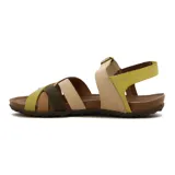 Sandalias bajas de cuero con tiras cruzadas en tonos beige, marrón, verde y amarillo.