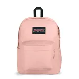 Mochila JanSport Superbreak Plus color rosa con logo de la marca en el frente, asa superior negra y correas acolchadas ajustables.