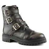 Bota de cuero color negro con detalles de hebillas y cremalleras plateadas, caña media y suela track.