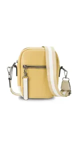 Bandolera color verde oliva con correa larga regulable de cinta beige con detalles en verde.