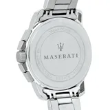 Reloj Maserati modelo Successo R8873621008 para hombre, con caja plateada de acero inoxidable de 44mm, esfera azul con detalles en dorado rosa y correa de acero inoxidable plateada con detalles en dorado rosa. Cuenta con movimiento de cuarzo Seiko VD53, cristal mineral y resistencia al agua de 5 ATM.