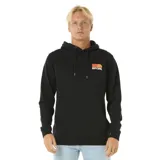 Canguro negro con capucha y bolsillo delantero, con logo de Rip Curl estampado en el pecho con diseño de sol en tonos naranja y amarillo.