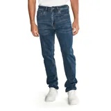 Jeans de hombre color azul medio lavado, corte slim a través de la pierna, con cierre de cremallera y botón con logo CAT. Presenta diseño de cinco bolsillos con remaches y parches con logo CAT.