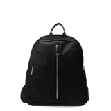 Mochila negra de tela con cierre vertical plateado en el frente y asa superior.