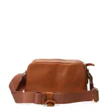 Bandolera Bottero de cuero color marrón caramelo, con correa de tela ajustable.