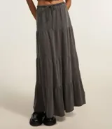 Pollera evasé new midi de algodón color gris, con volados y lazo en la cintura.