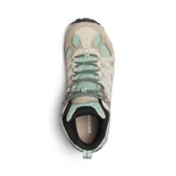 Botas de trekking de caña media Merrell Accentor 3 Mid WP, color beige con detalles en marrón y verde agua. Confeccionadas en ante y malla impermeable, con suela de goma adherente y cordones reciclados.