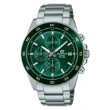Reloj Casio Edifice con correa de acero plateado y esfera verde con detalles en blanco y agujas luminiscentes.