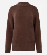 Suéter marrón de punto con cuello redondo y mangas largas ajustadas. Diseño slim alargado con efecto de pelitos.