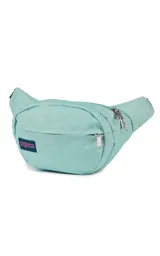 Riñonera JanSport Fifth Avenue negra con estampado de rayos blancos.